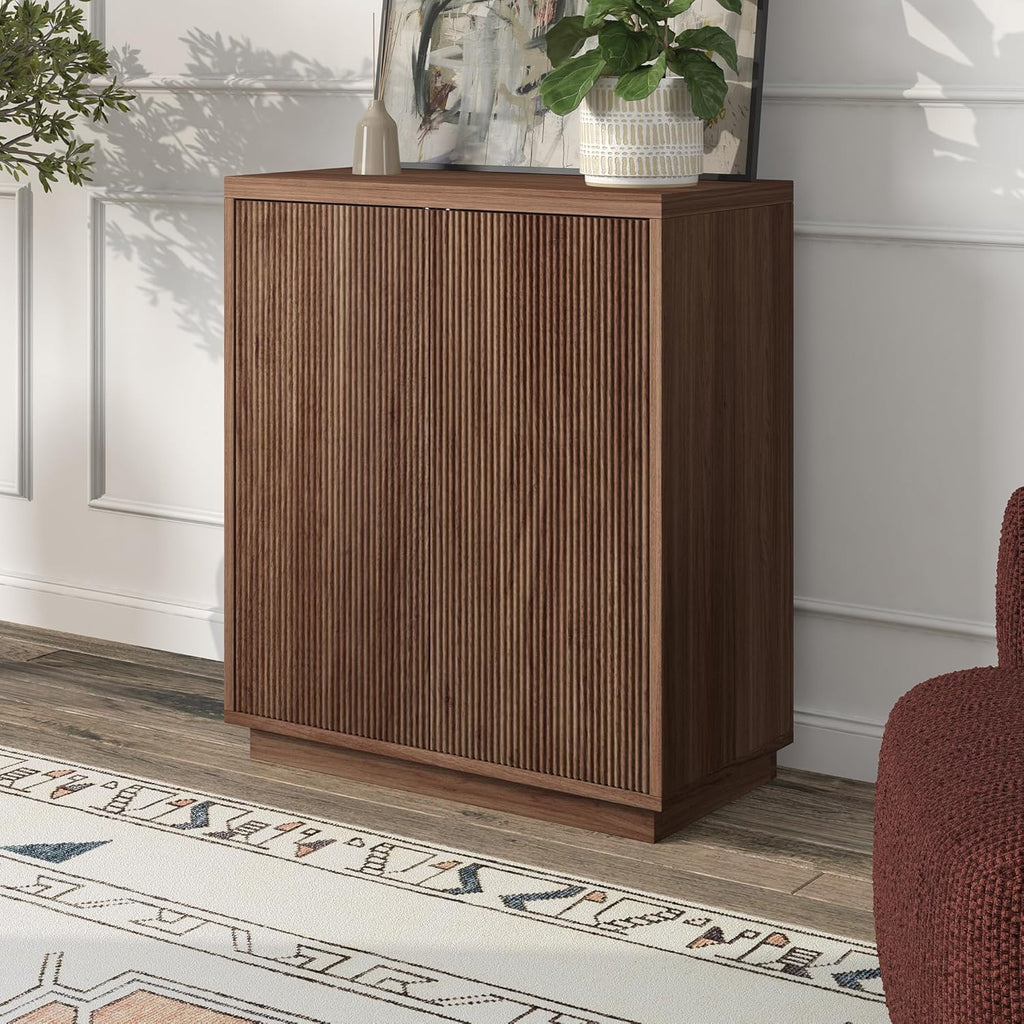 Henn&Hart 28" Fluted Wooden Accent Cabinet, Ribbed Modern Sideboard Buffet Cabinet with 2 Doors and an Adjustable Shelf for Living Room, Dining Room, Bedroom or Entryway, Medium Walnut