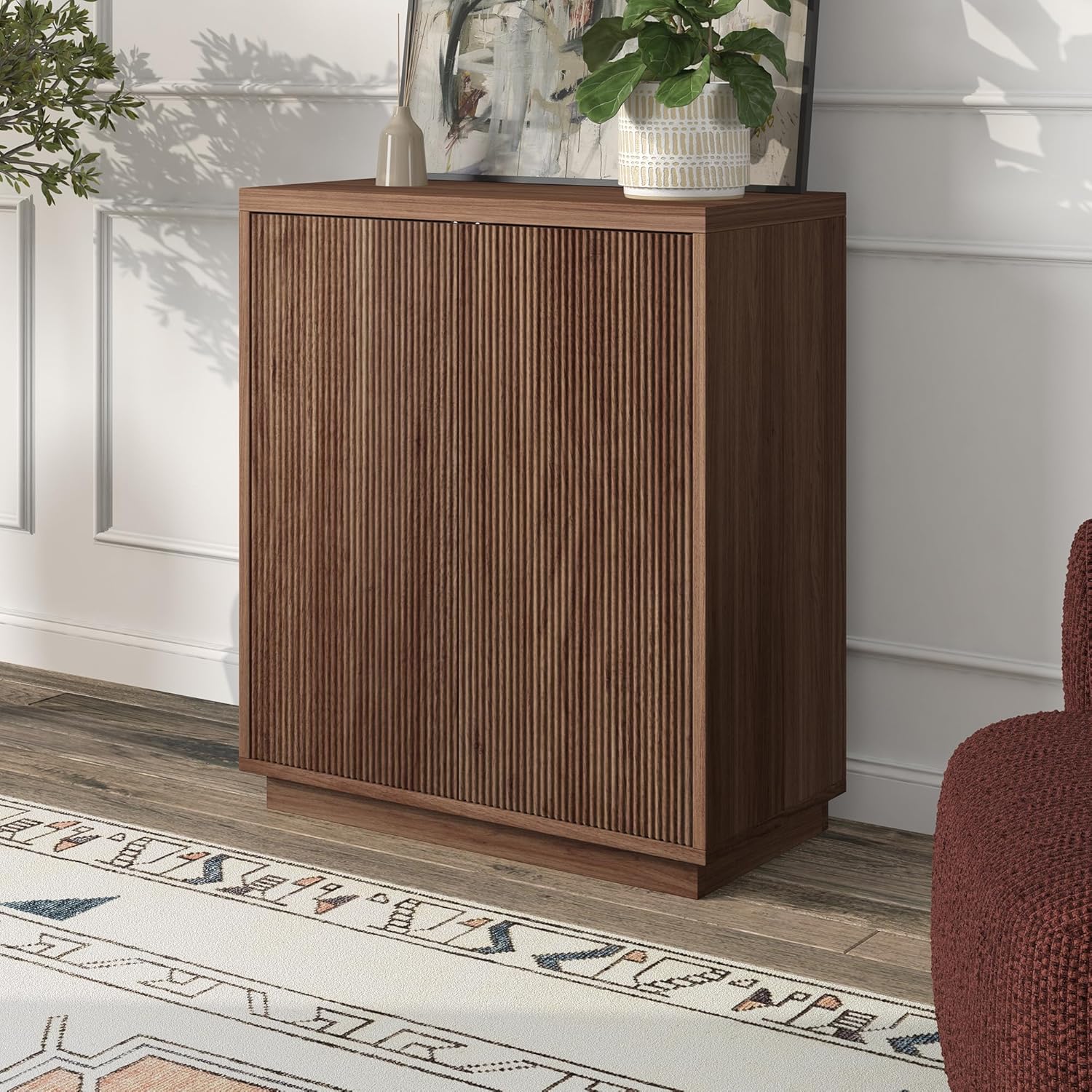 Henn&Hart 28" Fluted Wooden Accent Cabinet, Ribbed Modern Sideboard Buffet Cabinet with 2 Doors and an Adjustable Shelf for Living Room, Dining Room, Bedroom or Entryway, Medium Walnut