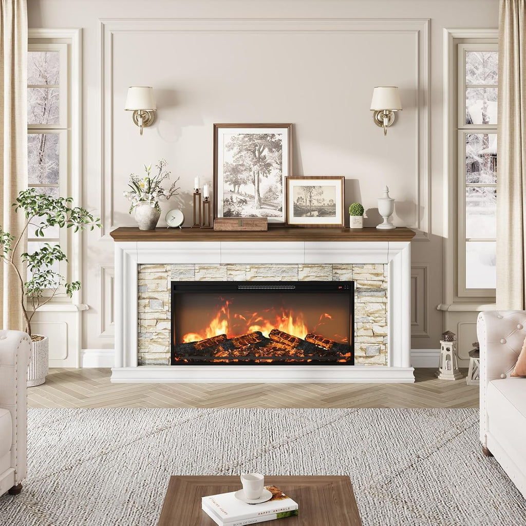 QUW 70" Fireplace TV Stand Up to 80" TVs, 42" Modern Electric Fireplace with Mantel, Farmhouse Entertainment Center with Concealed 3 Drawers for Living Room, Adjustable Brightness & Low Noise, White