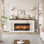 QUW 70" Fireplace TV Stand Up to 80" TVs, 42" Modern Electric Fireplace with Mantel, Farmhouse Entertainment Center with Concealed 3 Drawers for Living Room, Adjustable Brightness & Low Noise, White
