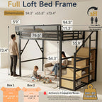 Full Size Loft Bed with Stairs and Storage, Metal Loft Bed Frame with Bedside Shelf and Large Under-Bed Space, Heavy-Duty Bed for Adults Teens and Kids, Convertible Staircase, Black