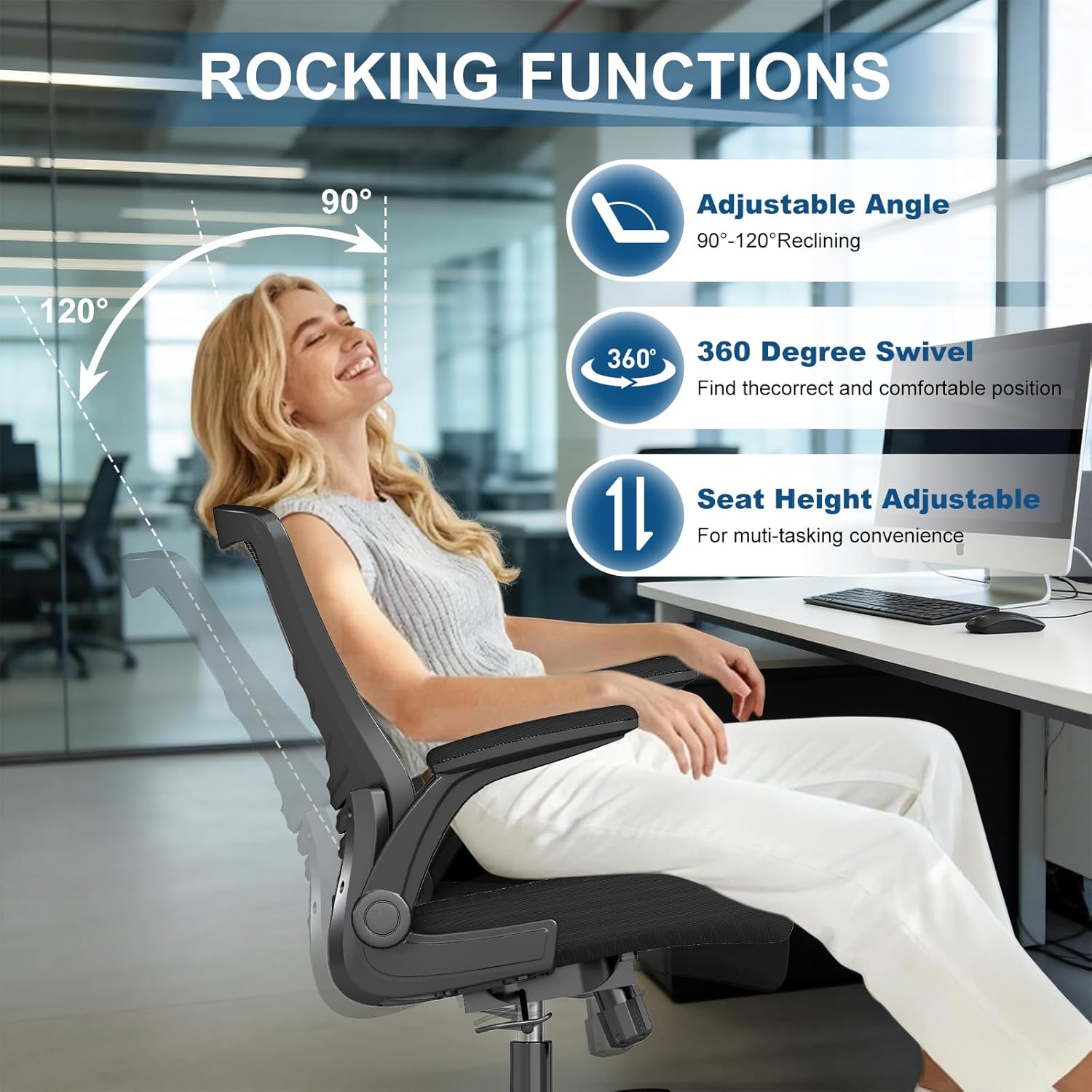 Ergonomic Office Chair, Mesh Desk Chair with Adjustable Height & Flip-Up Armrests, Comfortable Computer Chair for Long Hours, Silent Wheels for Home Office, 6-PCS