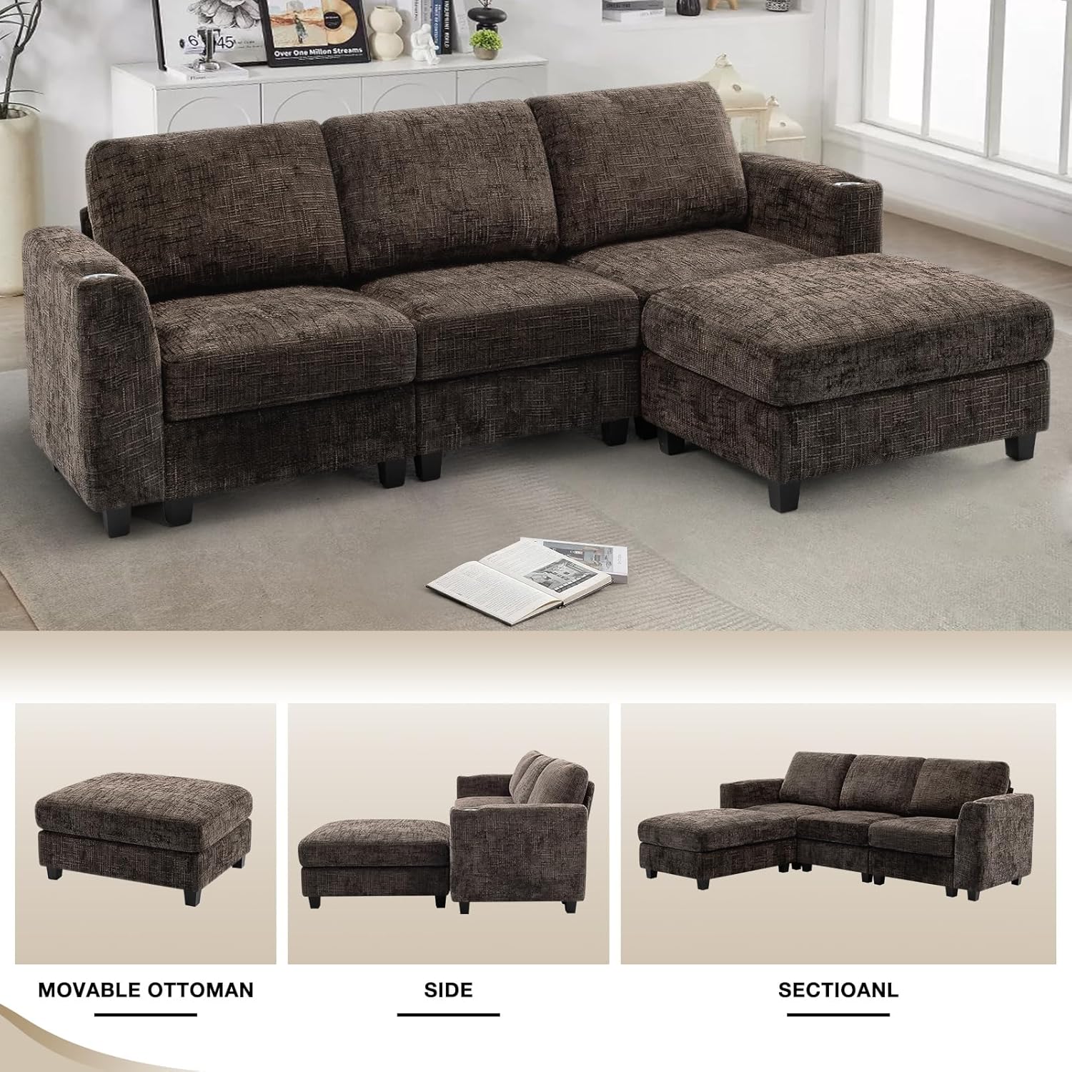 87" Chenille 3 Seater Couch with Soft Ottoman, L-Shape Sectional Sofa with Durable Cup Holders, Upholstered Sofa with Comfy Backrests for Living Room, House, Brown