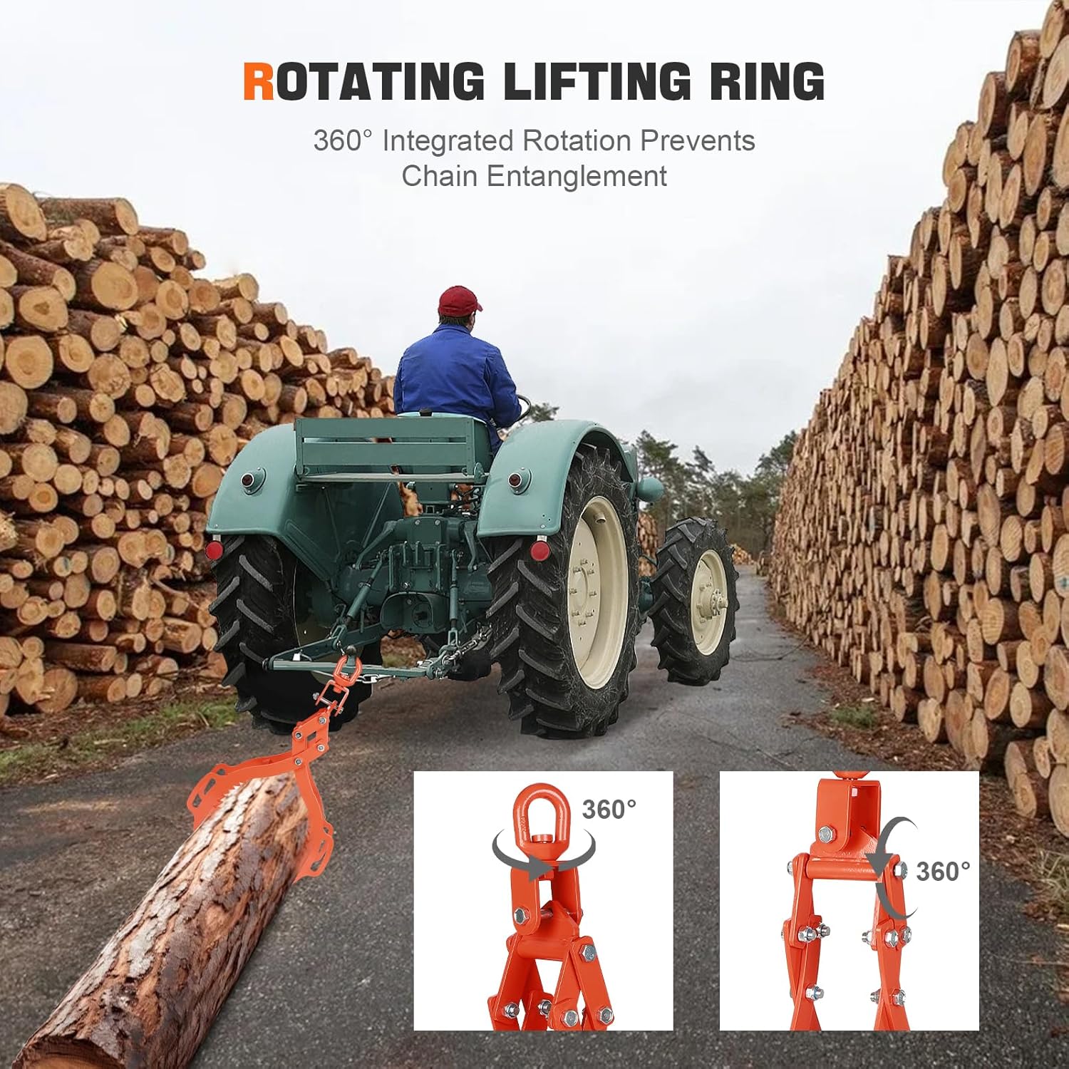 36 Inch Log Lifting Tongs, Heavy Duty Steel Swivel Dragging Tongs, 4 Claw Log Grabber Hook with Operating Handle, 3306LBS Capacity Upgraded Timber Claw Hook for Tractor ATVs Trucks Accessories