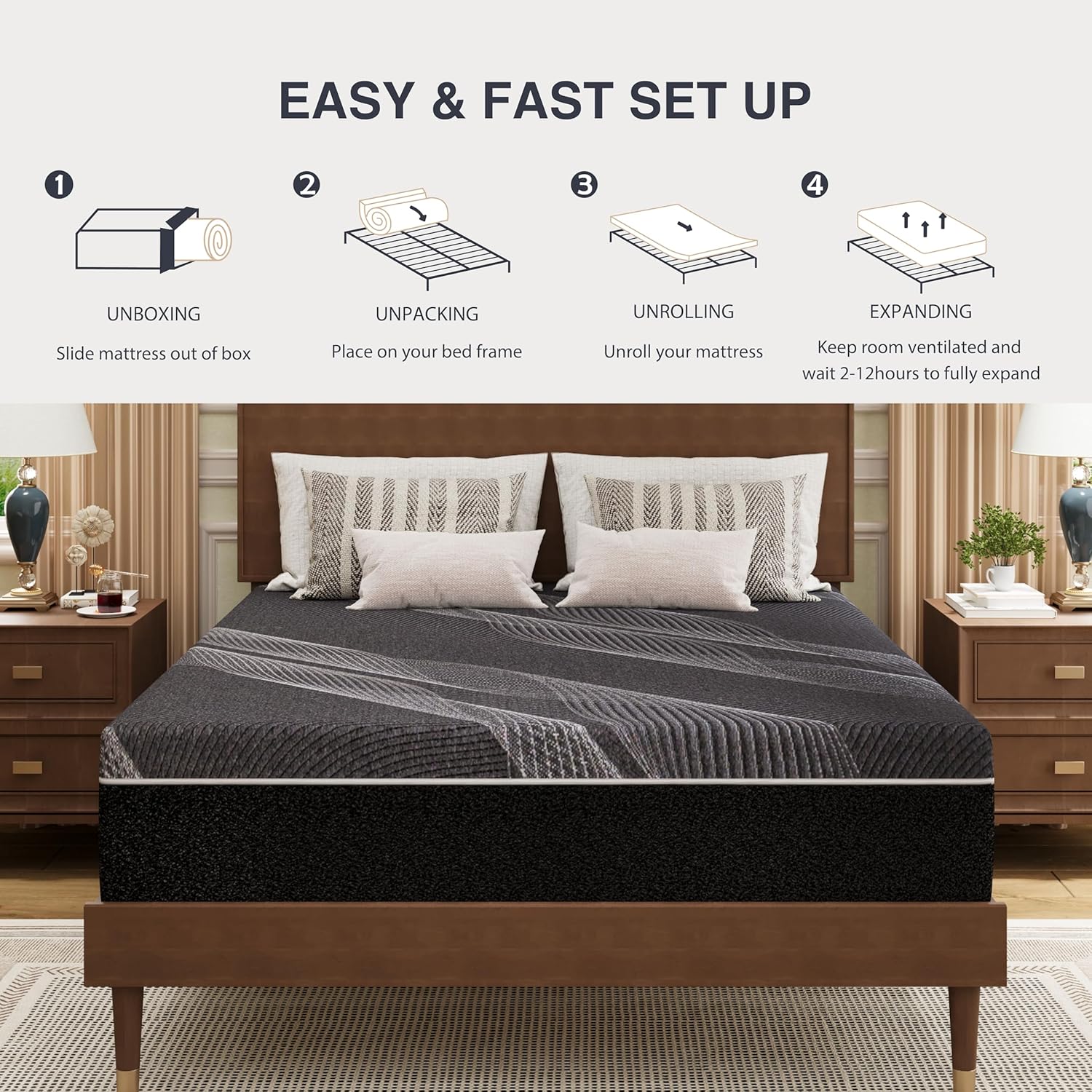 King Size Mattress, 12 Inch Gel Memory Foam, Cooling & Back Pain Relief, CertiPUR-US Certified, Fiberglass Free, Foam Made in USA, Medium