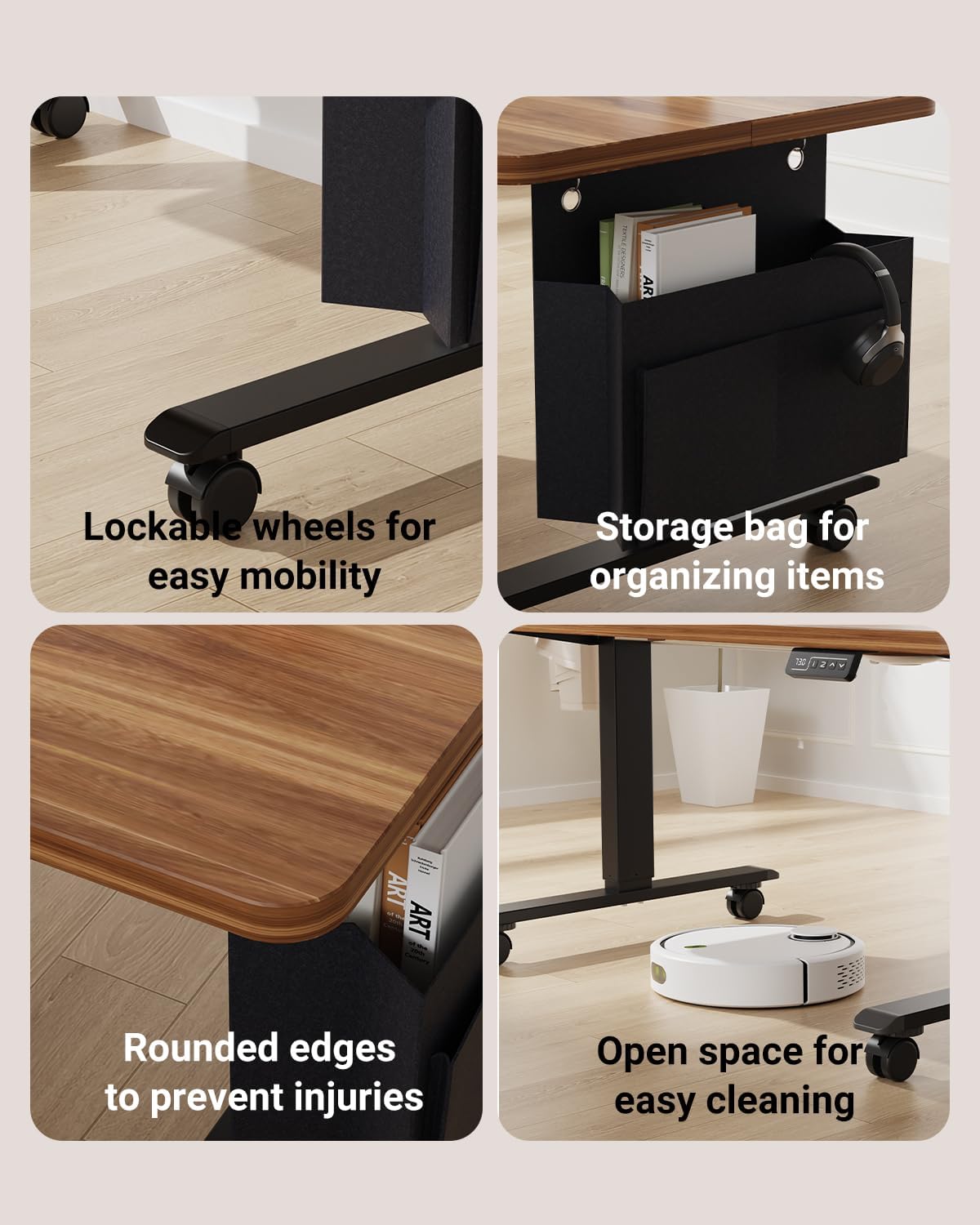 Coffee Table, Height Adjustable Electric Coffee Table with Storage Bag Lift Tabletop Dining Table Office Table with Lockable Wheels for Living Room (Dark Walnut Look, 40 x 24 Inches)
