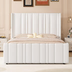 HOMBCK Queen Bed Frame, Upholstered Platform Bed Frame Queen Size with Vertical Channel Tufted Headboard & Footboard, Wingback Design/Noise Free/No Box Spring Needed/Easy Assembly, Cream