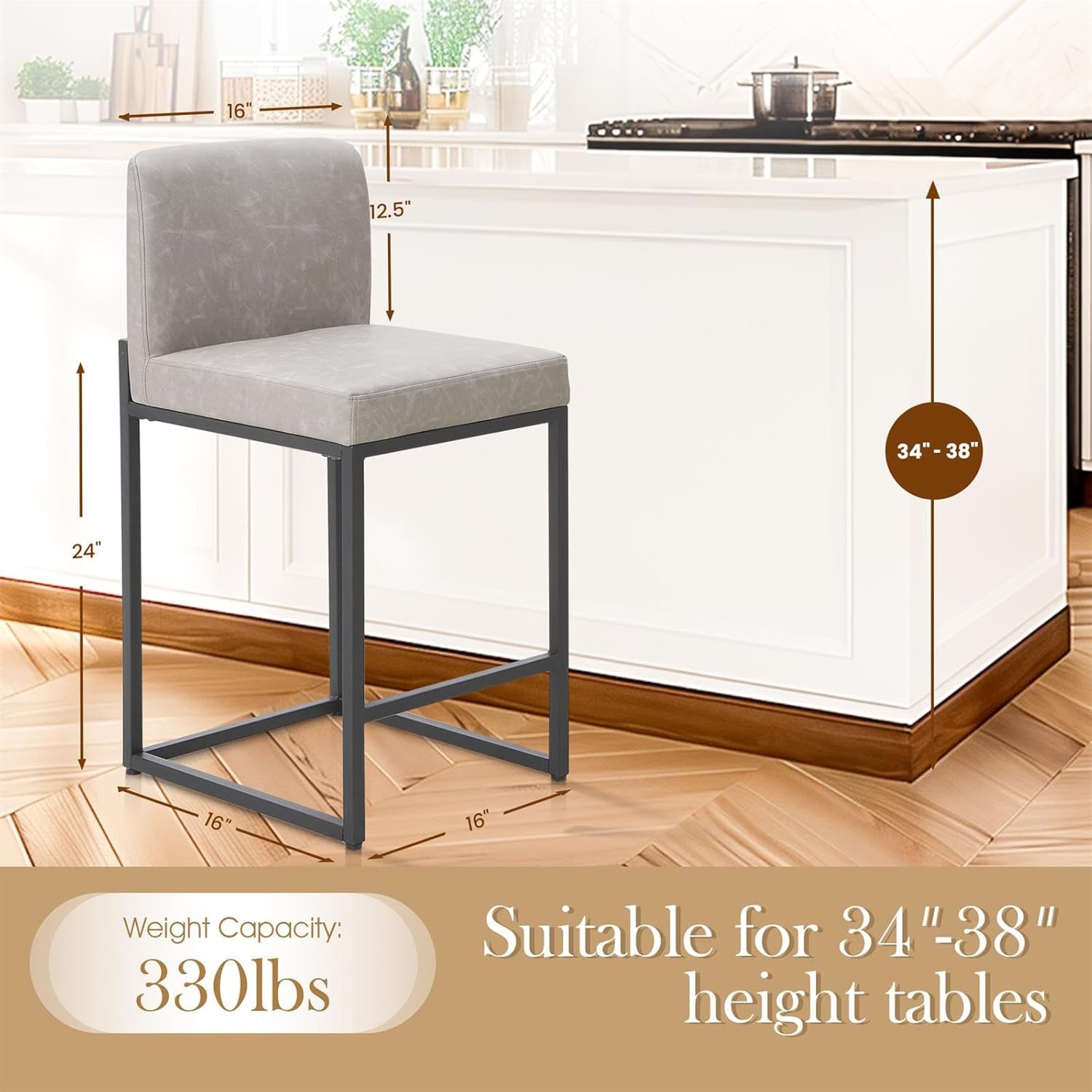 Sophia & William Light Grey Bar Stools Set of 3, Modern PU Leather Counter Height Barstools with Back, 24" Kitchen Island Bar Chairs