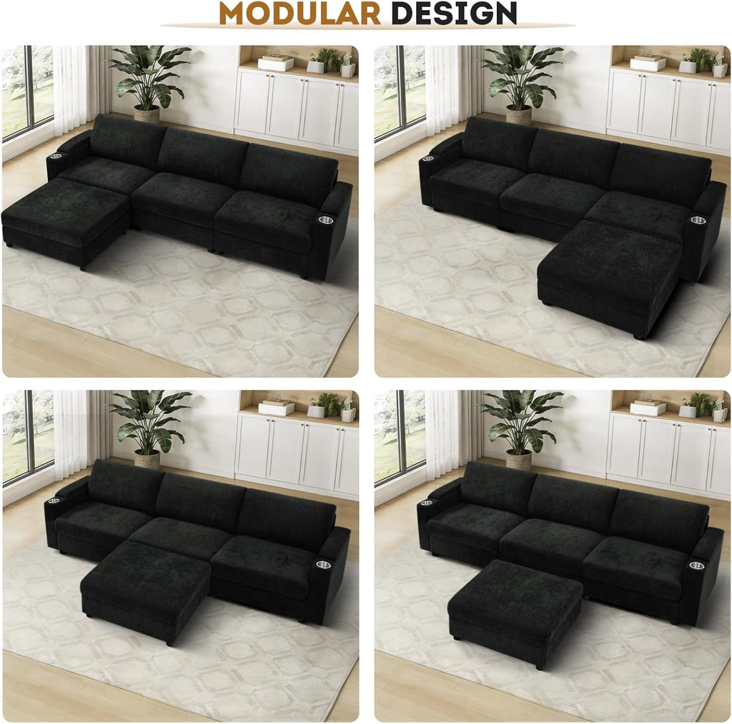 108'' Chenille Sectional Couch with Storage Armrests,L Shaped Upholstered Sofa with Movable Ottoman, 4-Seat Modular Couch with Cup Holders for Living Room, Black