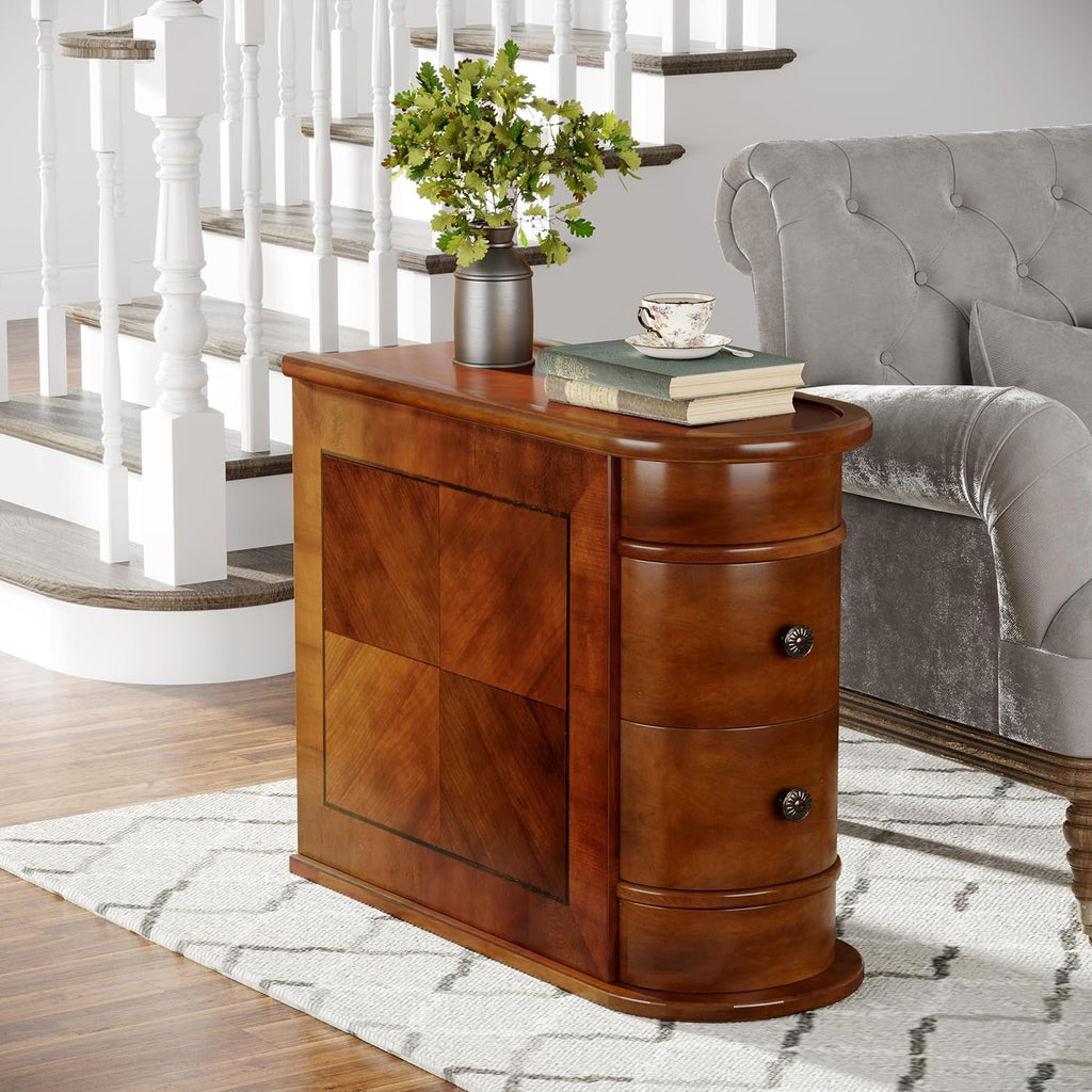 Wood End Table with 2 Drawers, No Assembly Required Narrow Sofa Side Table for Living Room, Vintage Slim Nightstand Bedside Table for Bedroom (2 Drawers, Brown, 2 Pcs)