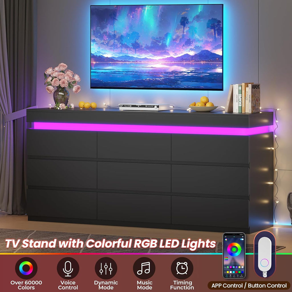 9 Drawer Dresser with LED Light, Black Modern Chest of Drawers for Bedroom,Long Dresser with Drawers for Living Room, Entryway, Hallway