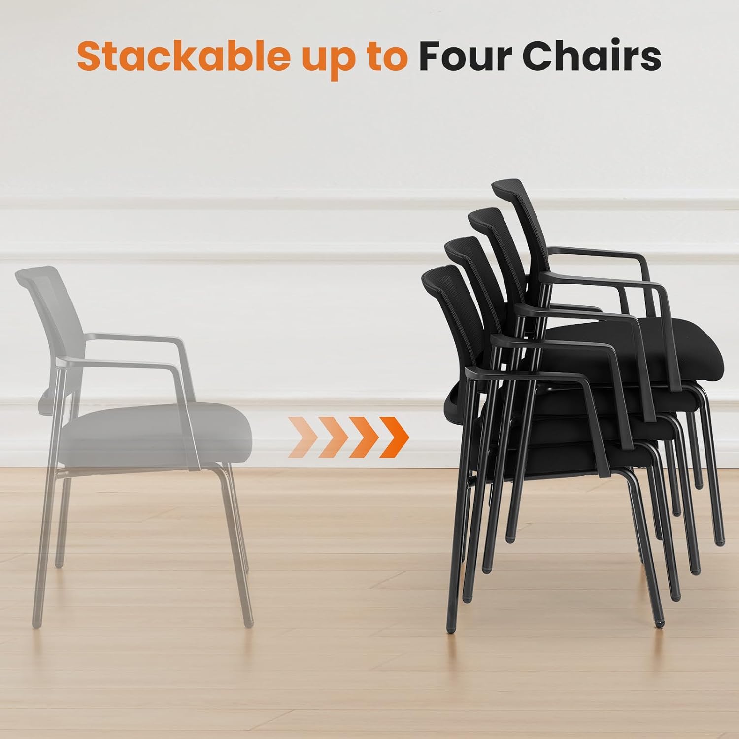 Sweetcrispy Mesh Back Stacking Arm Chairs, Upholstered Fabric Stacking Chairs, Sturdy Metal Office Chairs, Easy to Use and Store, Outdoor and Indoor, for Home, School, Party, Church, 2 Pack Black