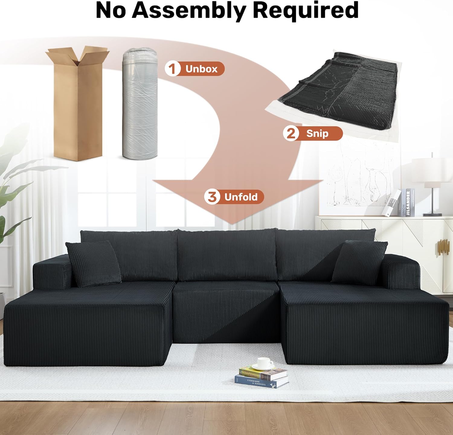 Modular Sectional Sofa,114" U-Shaped Boneless Sofa for Living Room,Oversized 3-Seater Deep Seat Cloud Couches,Corduroy Upholstered Corner Sofa Couch,No Assembly Required,Black