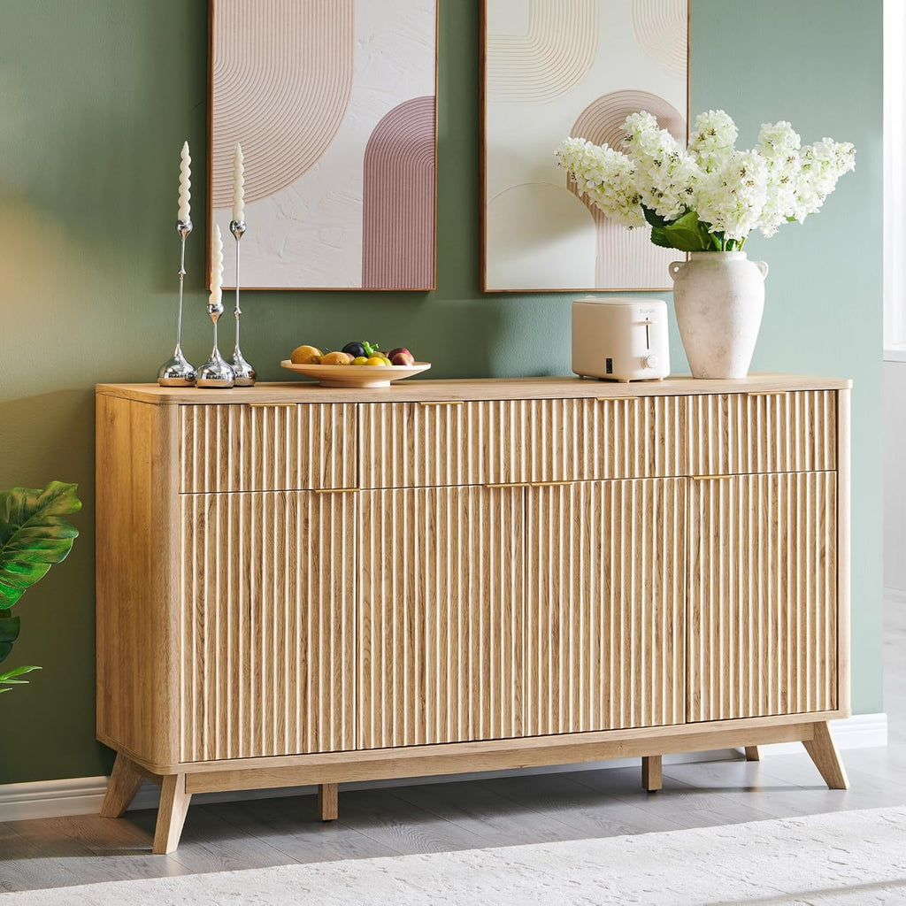 T4TREAM Large Buffet Sideboard Cabinet with Storages, 60" Fluted Modern Buffet Table Coffee Bar Wine Bar Storage Cabinet with 3 Drawers & 4 Doors for Dining Room, Living Room, Hallway(Natural Oak) | with Storages, Coffee Bar, Wine Bar, Storage Cabine