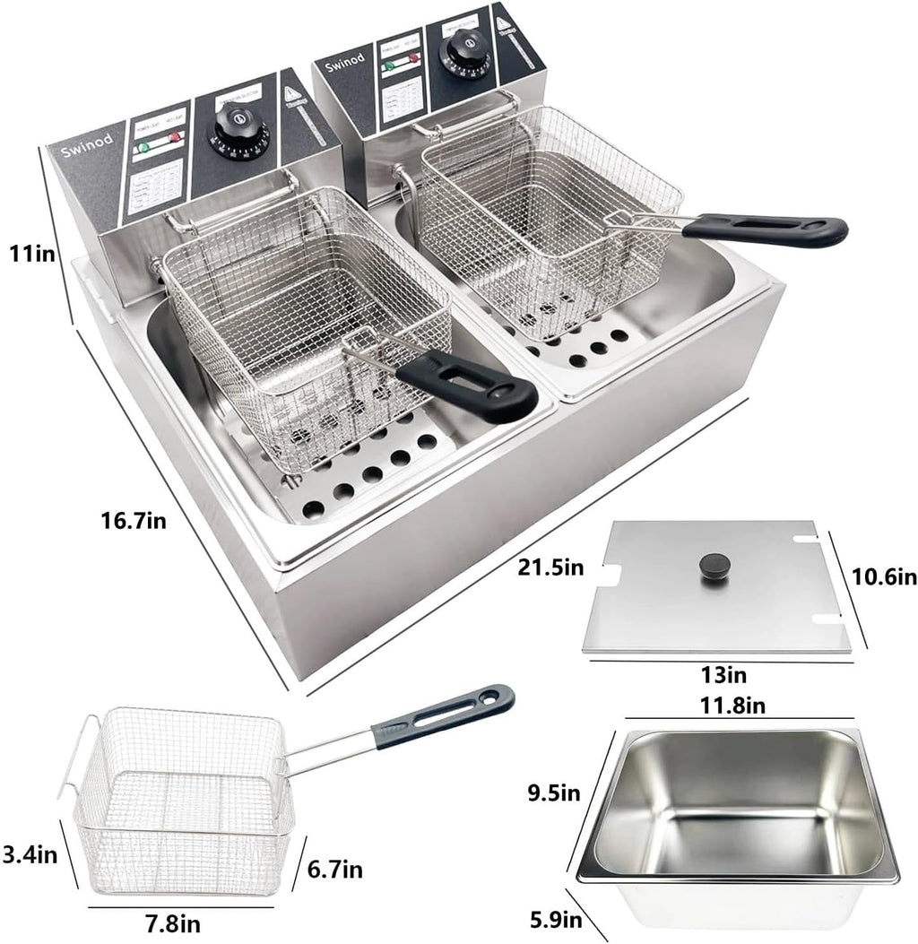 Commercial Deep Fryer with Baskets, 3400W 12.7QT/12L Thickened Stainless Steel Countertop Electric Oil Fryer, Large Capacity with Temperature Control, silver