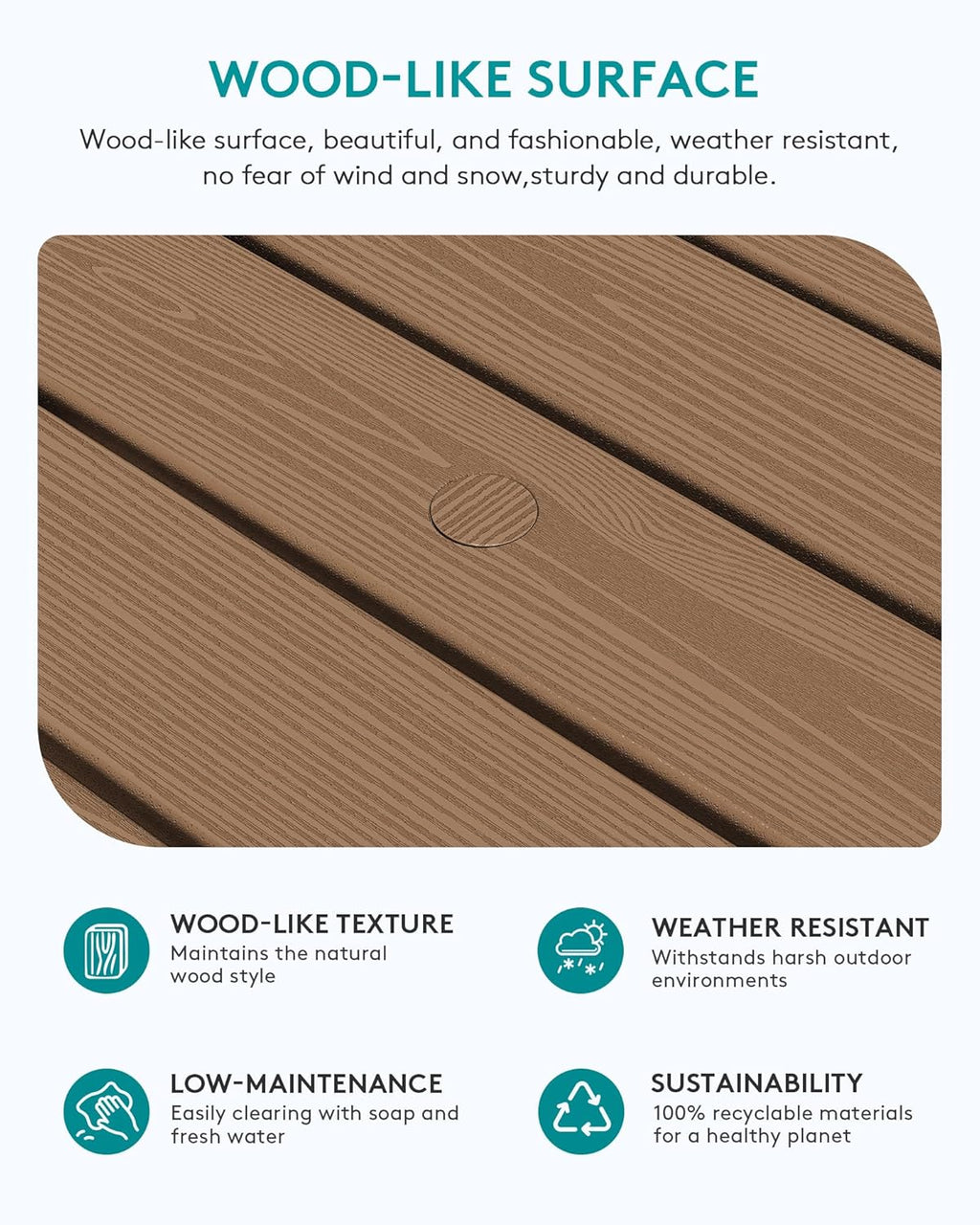 SERWALL Outdoor Coffee Table with 1.69" Umbrella Hole, HDPE Patio Coffee Table for Outside, Rectangle, Brown
