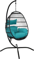 Sunnydaze Dalia Resin Wicker Hanging Egg Chair with - Teal Polyester Cushions and Powder-Coated Steel Stand - 81 Inches H