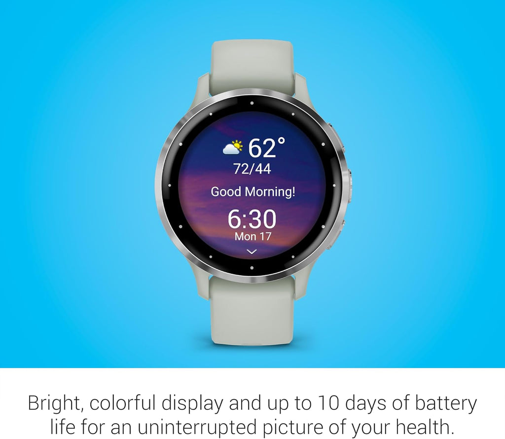 Garmin Venu 3S Running GPS Smartwatch with AMOLED Display  Advanced Health  Fitness Features  Up to 14 Day Battery Life with Signature Power Bundle | Silver with Sage Gray Silicone Band