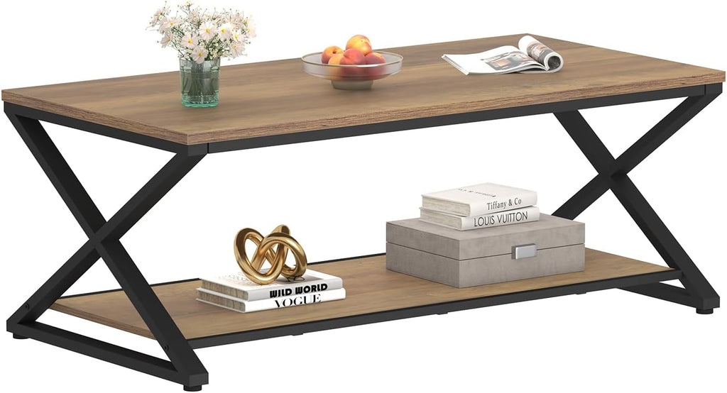 HSH Rustic Wood Coffee Table, Modern Farmhouse Living Room Table, Minimalist Center Table with Storage & Display Shelf, 2 Tier Simple Rectangle Cocktail Tea Table for Home Office Bedroom, 47 Inch