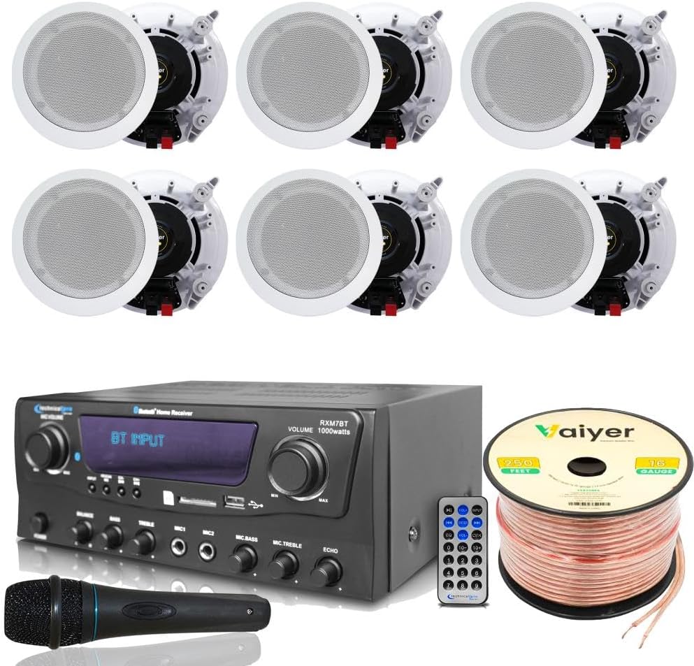 Home Theater System Kit 1000 Watts Bluetooth Receiver w/ 6 Qty 5.25" 175 Watts Each in-Wall in-Ceiling Speakers & 16 Gauge 250 ft. Speaker Wire Portable Microphone w/Remote Control by Technical Pro