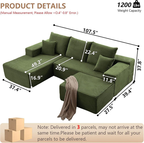 107" Modular Sectional Sofa with Ottoman, Modern Corduroy Cloud Couch with Deep Seat, Boneless Couch Upholstered 3-Seater U-Shaped Sofa for Living Room, No Assembly (Green, Left-Facing Chaise)