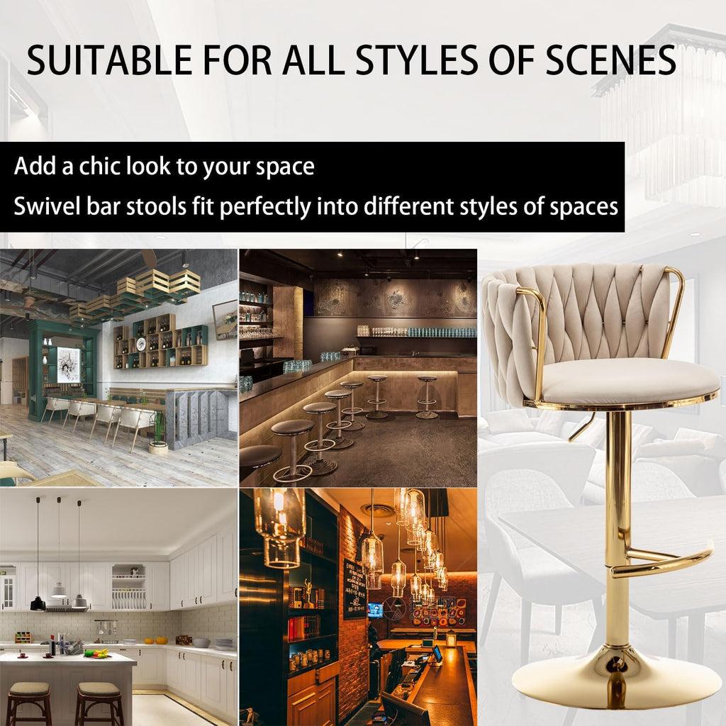 Velvet Bar Stools Set of 3, Counter Height Bar Chairs with Low Back, Gold Swivel Bar Stools for Kitchen Island, Pub (Beige)