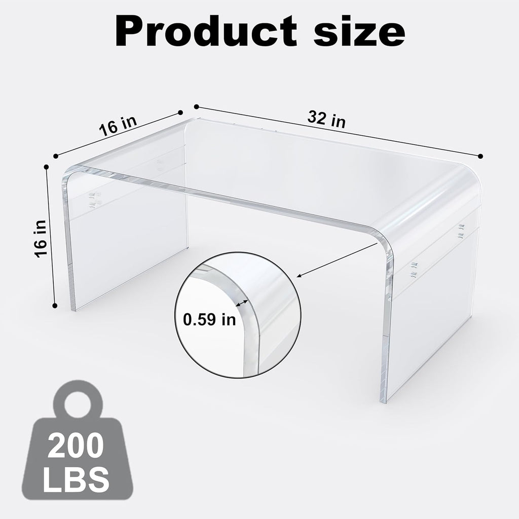 MESAILUP 32inch Premium Clear Acrylic Rectangle Coffee Table for Living Room,Mid Century Transparent Waterfall Lowtea Table, Middle Size Table (32"x16"x16") Need Assembly Fit for 2 Seat Sofa