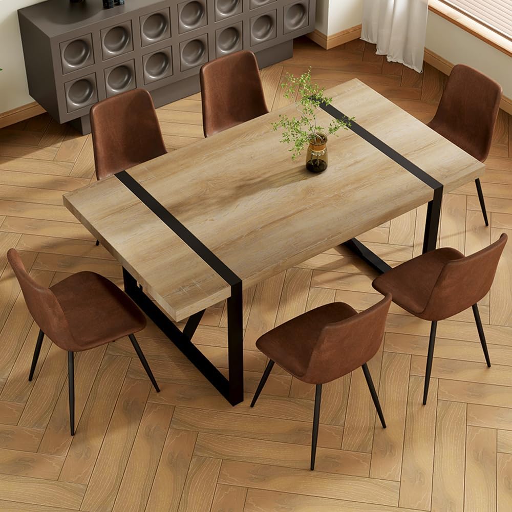 Dining Table Set for 6, 71'' Wood Dining Table and Chairs Set of 6, Modern Rectangle Wood Table, Fabric Dining Chairs 6, Suitable for Home, Kitchen, Dining Room, Living Room