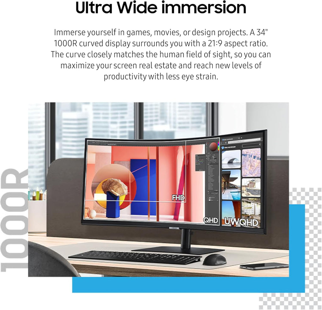 Samsung 34-Inch ViewFinity S65VC Series Ultra-WQHD Curved Computer Monitor  100Hz  AMD FreeSync  HDR10  USB-C  Built-in Speaker  Camera  KVM Switch  Eye Care  Eco-Packaging  LS34C650VANXGO  Black