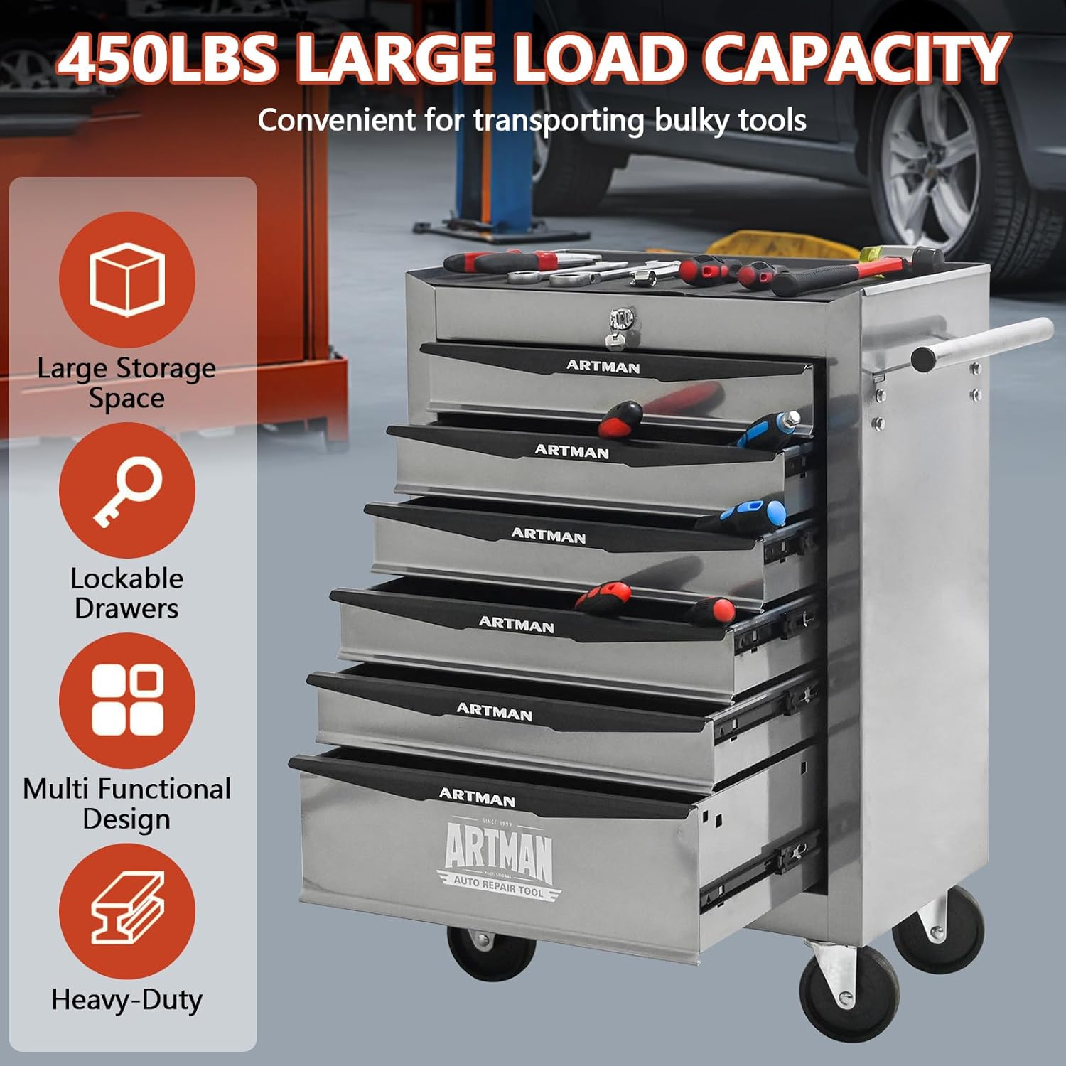 Iron-Top Rolling Tool Chest with Lockable Wheels and Side Handles, 7-Drawer Tool Storage Cabinet with Ball Bearing for Garage, Repair Shop, Required Assembly, Large Storage Capacity (Iron, 6-Gray)