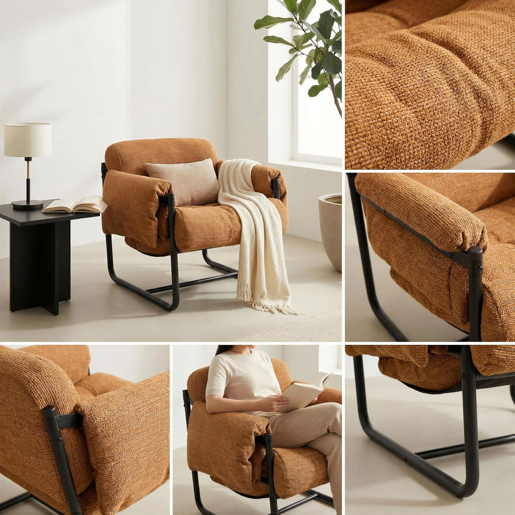 Kinfant Mid Century Modern Accent Chair, Chunky Upholstered Armchair with Metal Frame, Oversized Lounge Chair for Living Room Bedroom Small Spaces, Textured Chenille Fabric, Caramel Brown