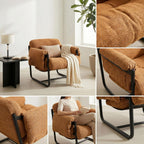 Kinfant Mid Century Modern Accent Chair, Chunky Upholstered Armchair with Metal Frame, Oversized Lounge Chair for Living Room Bedroom Small Spaces, Textured Chenille Fabric, Caramel Brown