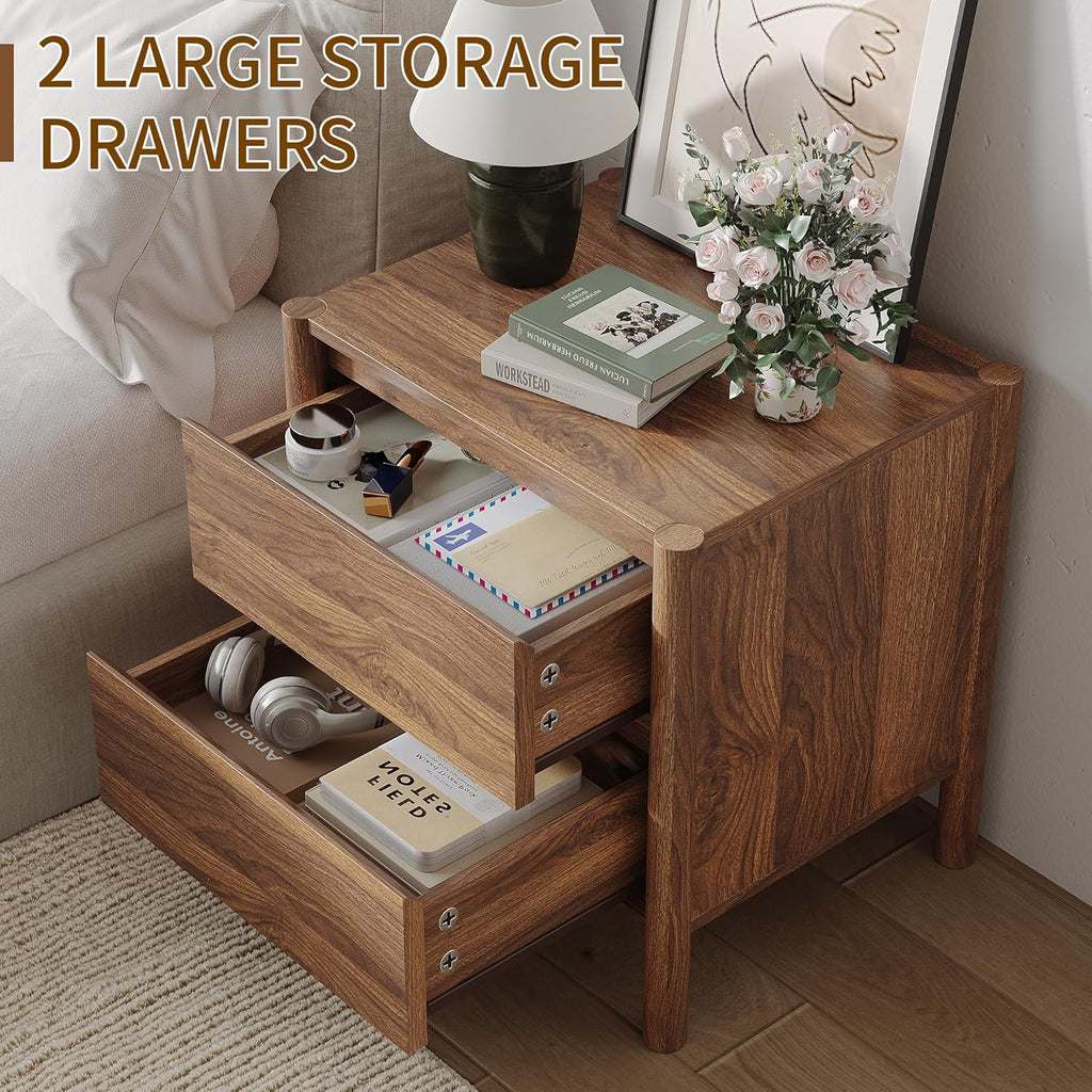 CHUWELL Mid Century Nightstand Set of 2 - Bedside Table with 2 Drawers and 4 Sturdy Solid Wood, End Table for for Bedroom (Walnut)