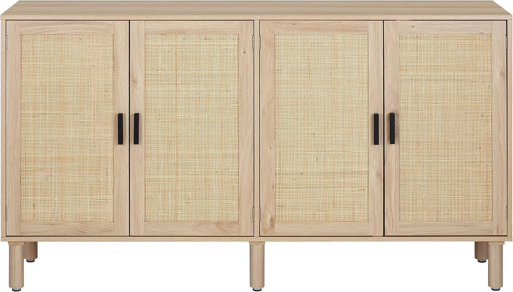 Finnhomy 4 Door Sideboard Buffet Cabinet, Kitchen Storage Cabinet with Rattan Decorated Doors, Cupboard Console Table, Boho Accent Liquor Cabinet for Home Bar, 62.3X 15.7X 34.6 Inches, Natural