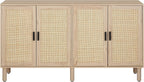 Finnhomy 4 Door Sideboard Buffet Cabinet, Kitchen Storage Cabinet with Rattan Decorated Doors, Cupboard Console Table, Boho Accent Liquor Cabinet for Home Bar, 62.3X 15.7X 34.6 Inches, Natural