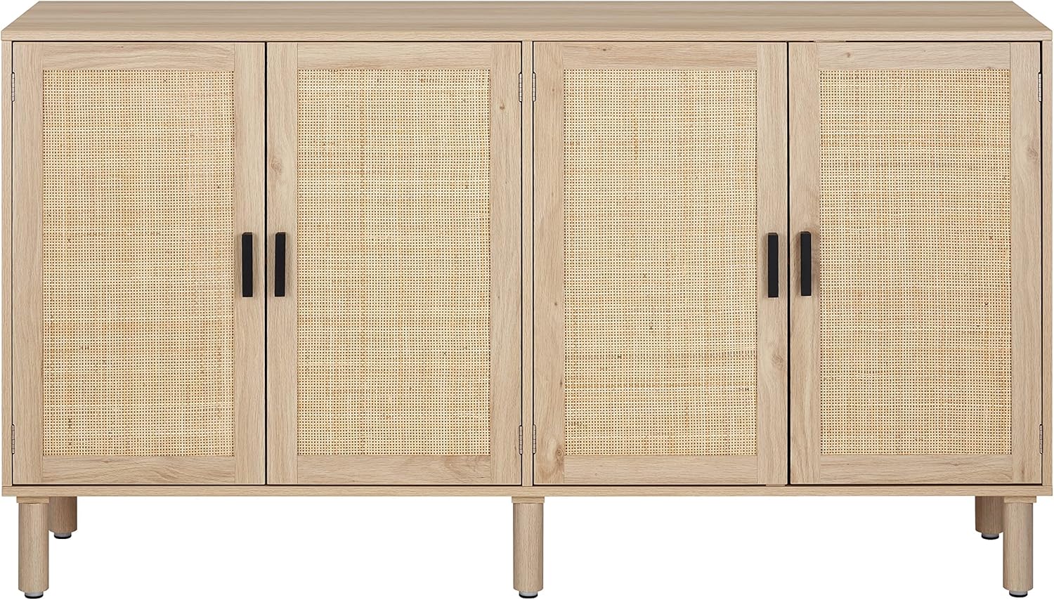 Finnhomy 4 Door Sideboard Buffet Cabinet, Kitchen Storage Cabinet with Rattan Decorated Doors, Cupboard Console Table, Boho Accent Liquor Cabinet for Home Bar, 62.3X 15.7X 34.6 Inches, Natural