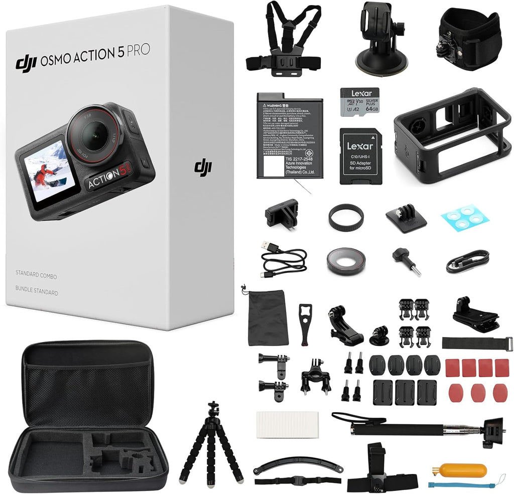 DJI Osmo Action 5 Pro Standard Combo with 58 Piece Accessory Kit+ 64GB Card - Waterproof Action Camera with 1/1.3" Sensor  4K/120fps Video  Action Camera 4K Ideal for Sports (Total 1 Battery)