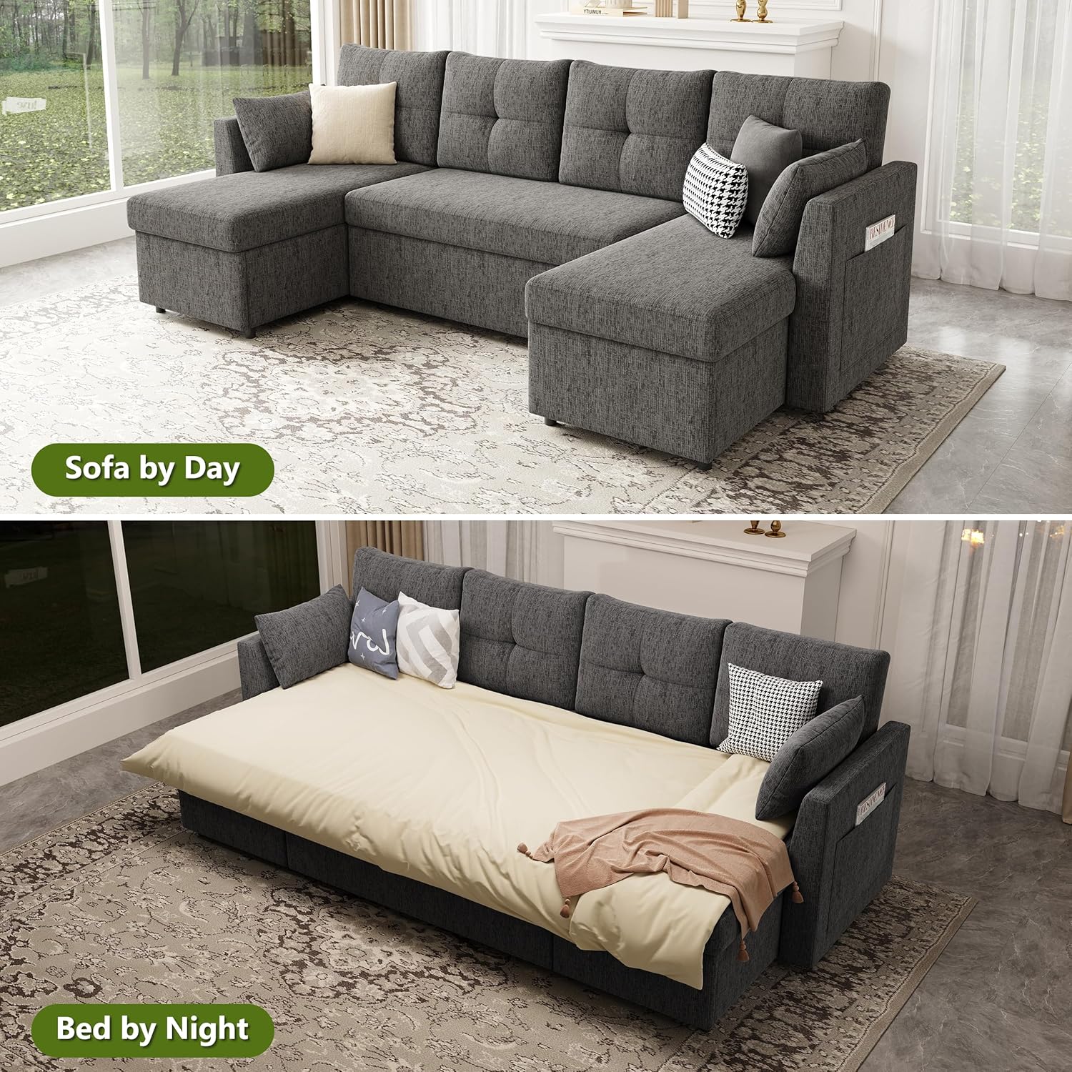 Oversized Sleeper Couch Sofa, 110 inch 2 in 1 Pull Out Couch with Double Storage Chaise, Sectional Sleeper Sofa Bed with Side Pocket for Living Room, Dark Grey