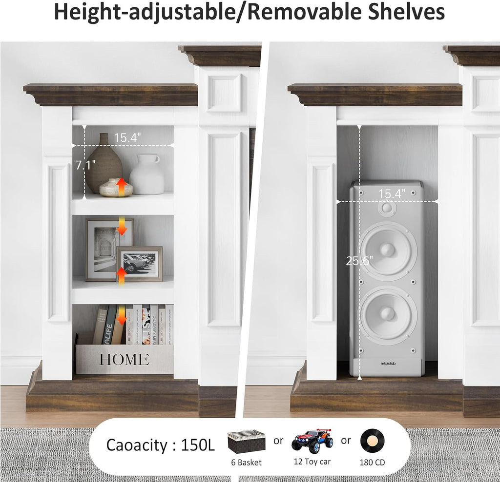 Naice 80" Electric Fireplace with Mantel and Cabinets, Fireplace TV Stand for Living Room Bedroom, Stacked Stone Surround and Remote Control 3D Realistic Flame, White&Brown