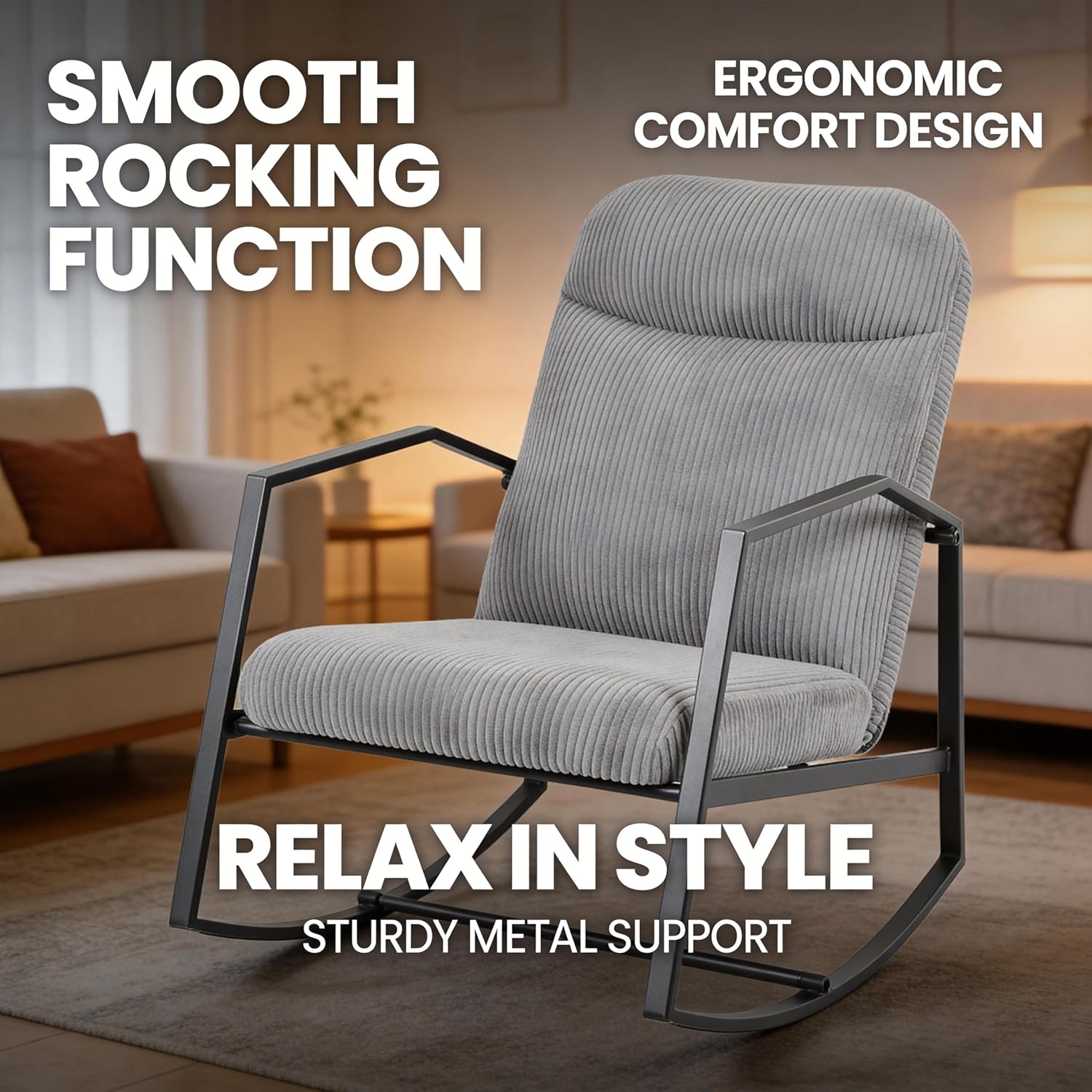 Kinfant Mid Century Modern Rocking Chair, Corduroy Upholstered Accent Chair with Metal Frame, High Back Nursery Glider Rocker, Comfy Reading Lounge Chair for Living Room Bedroom Small Space (Grey)