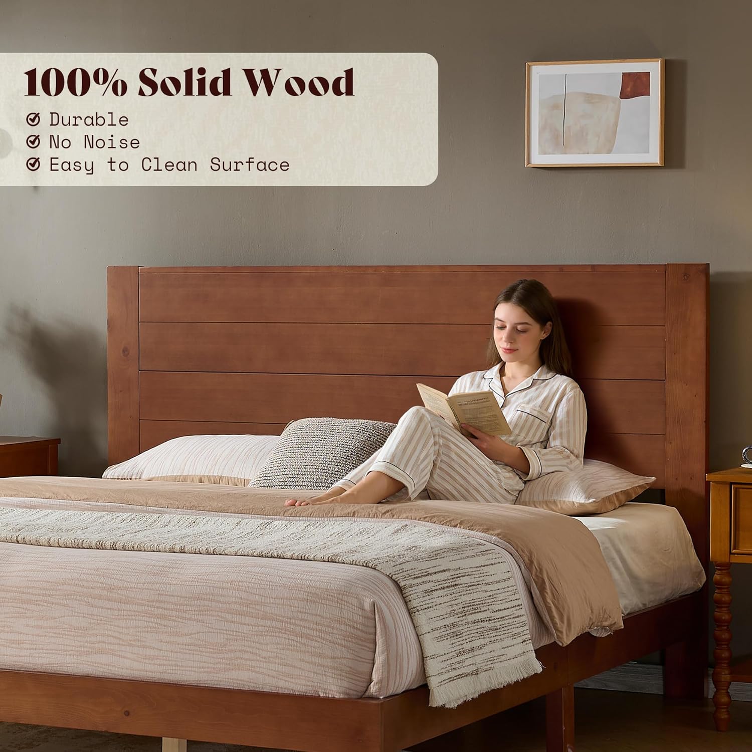 AMERLIFE Queen Sizes Solid Wood Bed Frame with 48" Headboard, Mid Century Modern Platform Bed with Silent Wood Slat System, No Box Spring Needed, Under-Bed Storage, Brown