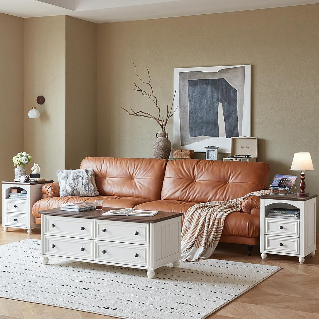 Farmhouse Coffee Table and Night Stand Set of 3,Wood 48" Center Table and 18'' Wide Nightstand with Charging Station,Coffee and End Tables 3-Piece Set for Home Living Room Hallway,White