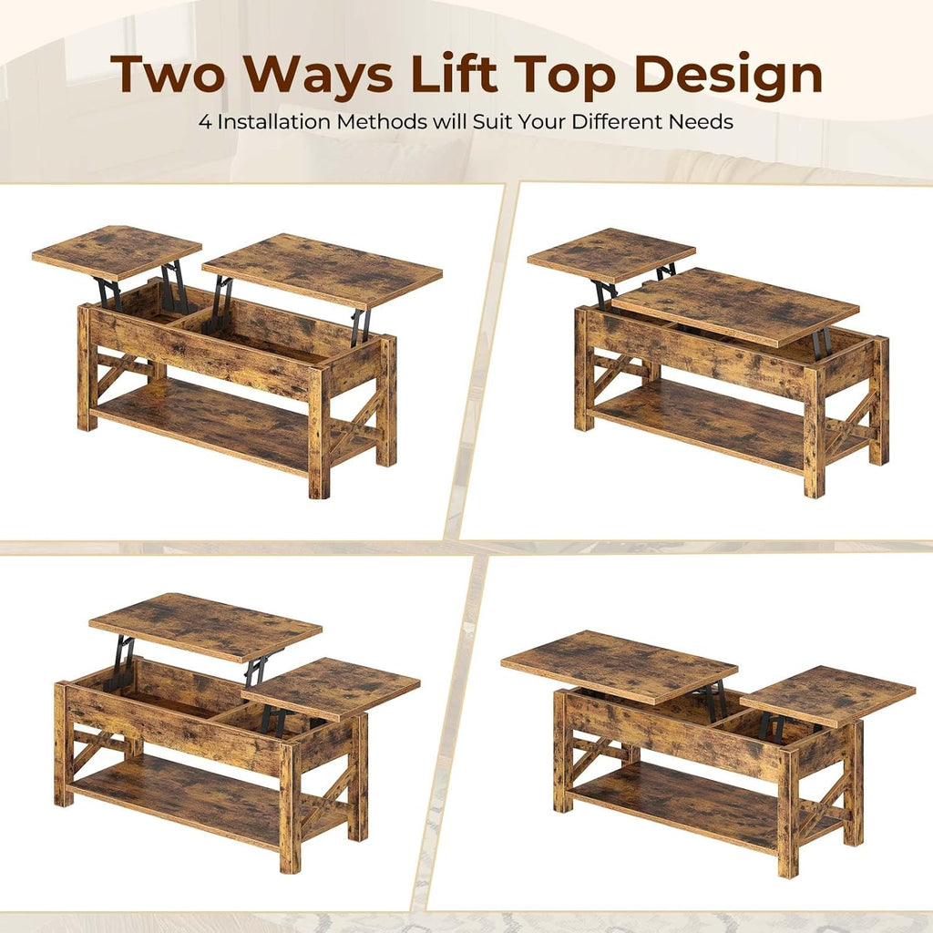Rolanstar Coffee Table 47.2", 2 Way Lift Top with Hidden Compartment, Lift Top Coffee Table with Open Shelf & X Wooden Support, Center Table for Living Room, Rustic Brown
