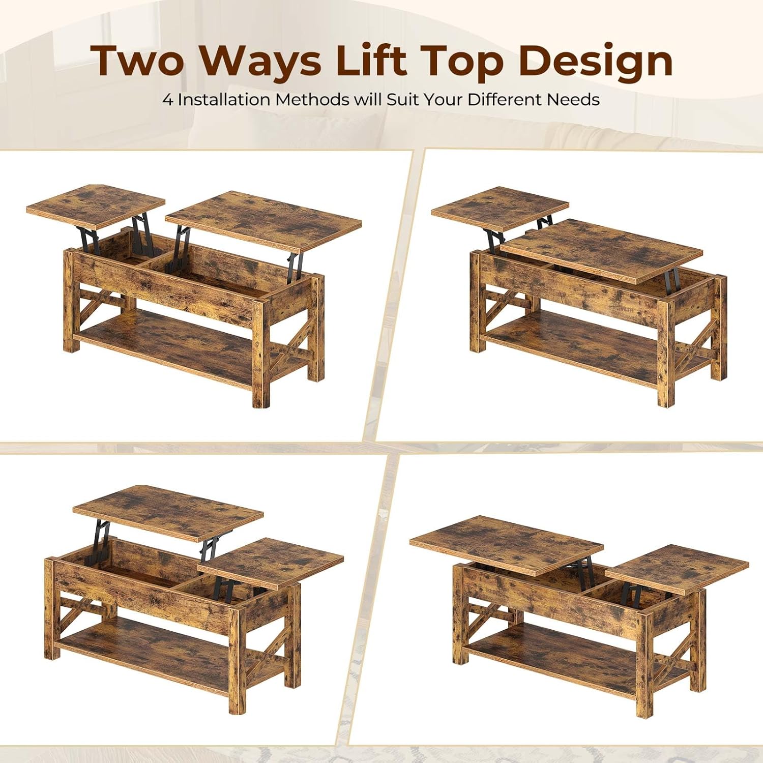 Rolanstar Coffee Table 47.2", 2 Way Lift Top with Hidden Compartment, Lift Top Coffee Table with Open Shelf & X Wooden Support, Center Table for Living Room, Rustic Brown