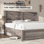 AMERLIFE King Size Farmhouse Bed Frame with 49.2" Barn Door Headboard, Platform Bed Frame with Wood Slats, Under Bed Storage Space, Easy Assembly, Noisy Free, Rustic Gray