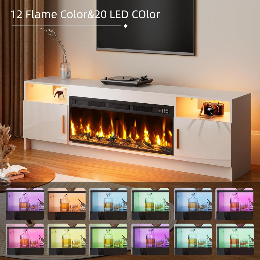 BREEZEHEAT TV Stand with Fireplace-Fireplace TV Stand for 75+ inch TV, LED Entertainment Center for Living Room w/ 36" Fireplace Inserts, TV Console with Cabinet, White