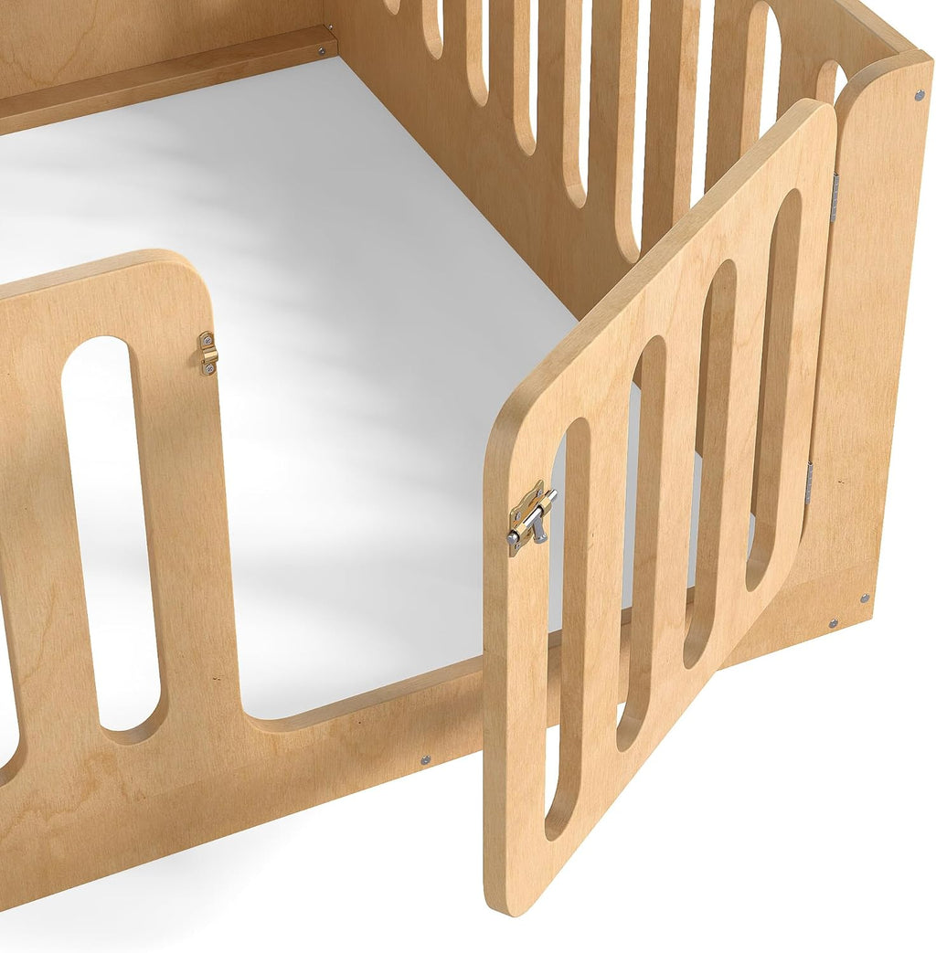 Bellemave Full Size Kids Montessori Floor Bed,Full Size Floor Bed Frame with High Fence and Door,Solid Wood Montessori Bed for Girls Boys,Natural