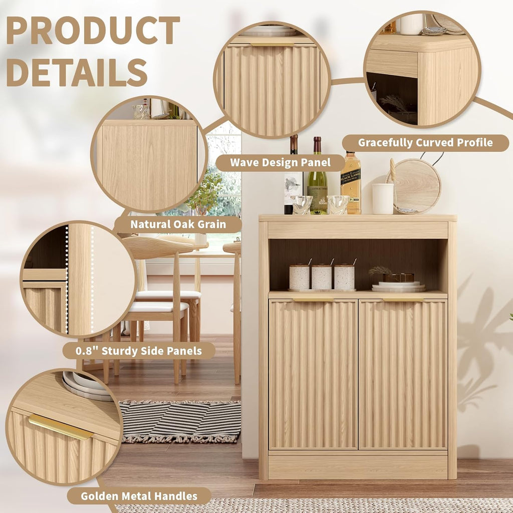 Fluted Buffet Cabinet with Storage, Small Coffee Bar Cabinet with Doors & Adjustable Shelves, Wood Storage Cabinet for Kitchen, Living Room, Entryway, Oak