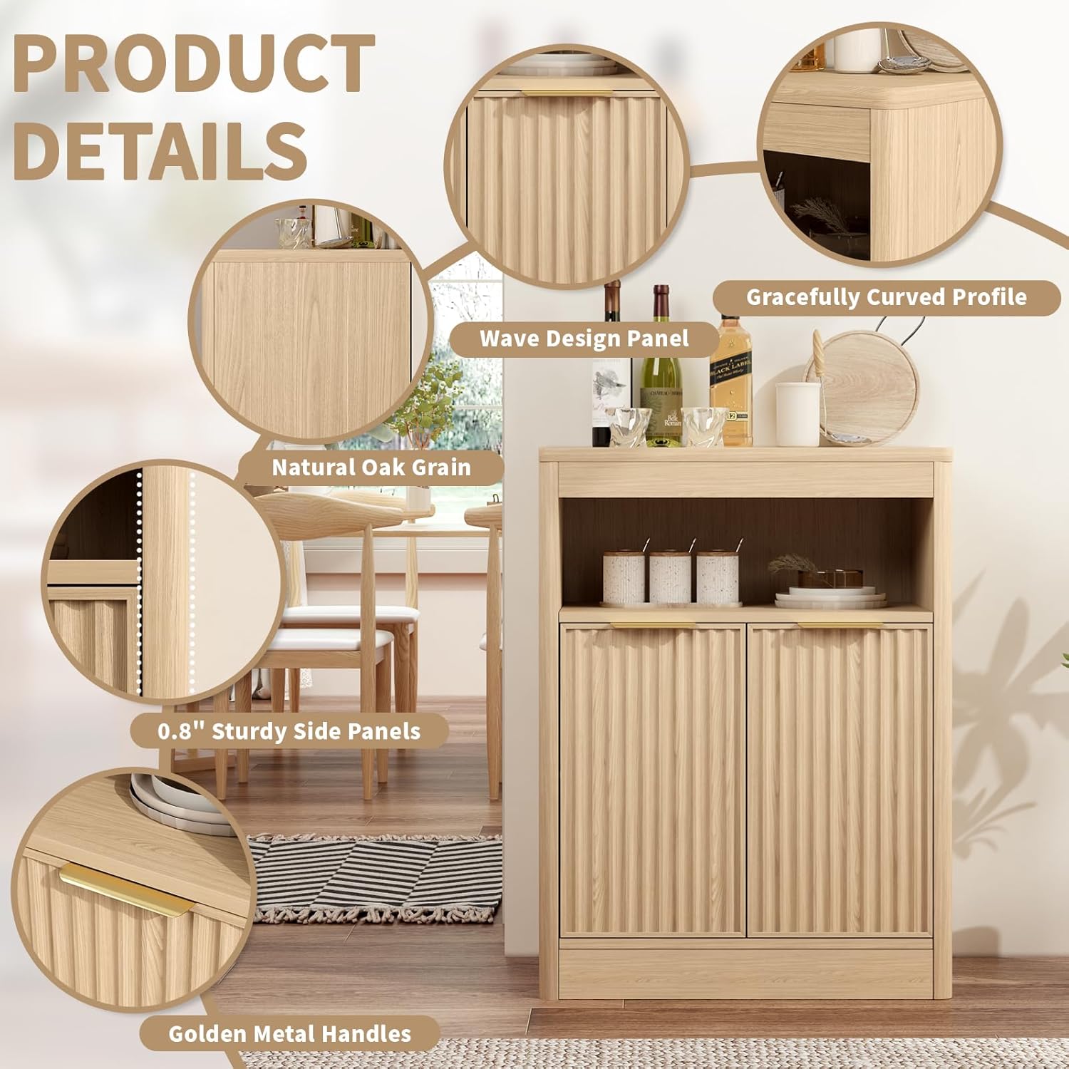 Fluted Buffet Cabinet with Storage, Small Coffee Bar Cabinet with Doors & Adjustable Shelves, Wood Storage Cabinet for Kitchen, Living Room, Entryway, Oak