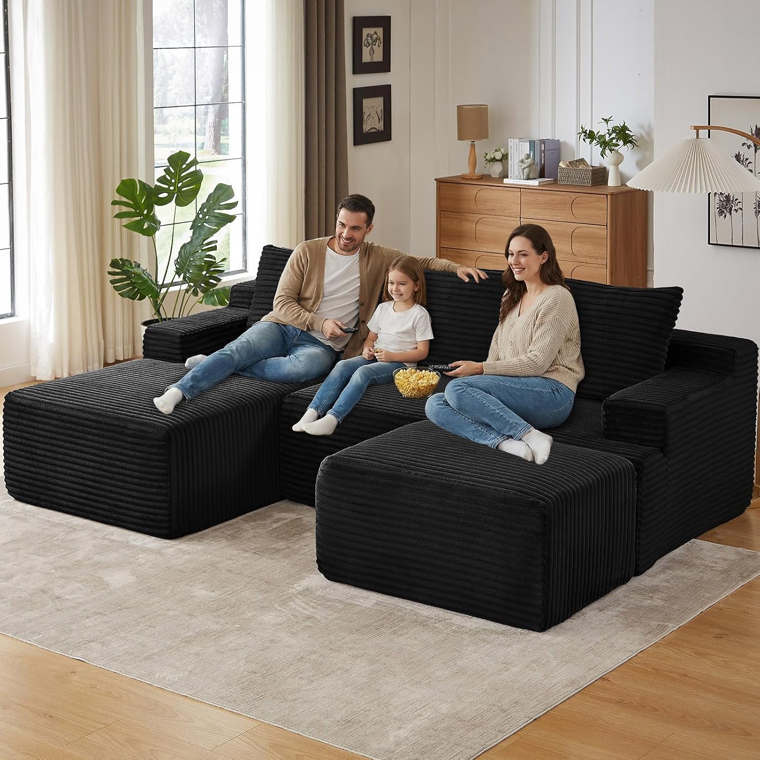 96" U-Shape Cloud Couch, Modern Modular Sectional L-Shape Sofa with Ottoman, Corduroy Upholstered Couches Deep Seat Sleeper Chaise Longue for Living Room, No Assembly Required(Black, Left Facing)